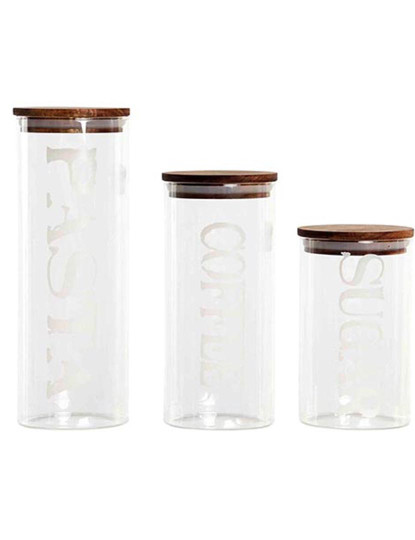 imagem de Conjunto de 3 Potes DKD Home Decor 10,2 x 10,2 x 27,7 cm Natural Transparente Acácia Letras Vidro de Borosilicato1