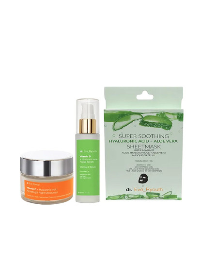 imagem de Vitamina C + Ácido Hialurónico Hidratante Noturno Hydrabright 50Ml + Vitamina D + Ácido Hialurónico Pro-Age Serum 60Ml + Ácido Hialurónico Super Calmante + Máscara De Aloe Vera - Máscaras De 3 Folhas1