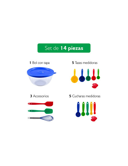 imagem de Conjunto de pastelaria com 14 peças (tigela + colher + espátula + batedor + 5 copos medidores + 5 colheres medidoras), em borossilicato e silicone2