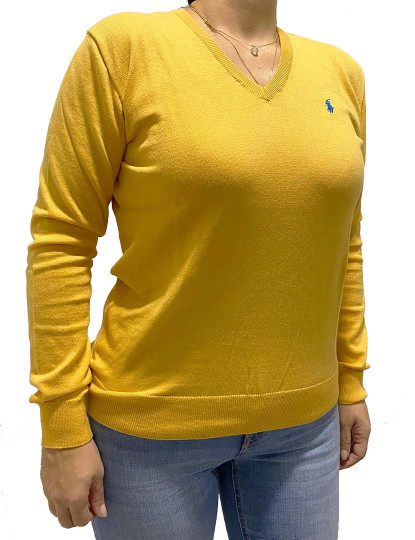 imagem de Pullover Decote em  V Senhora Amarelo Logotipo Azul Marinho 1