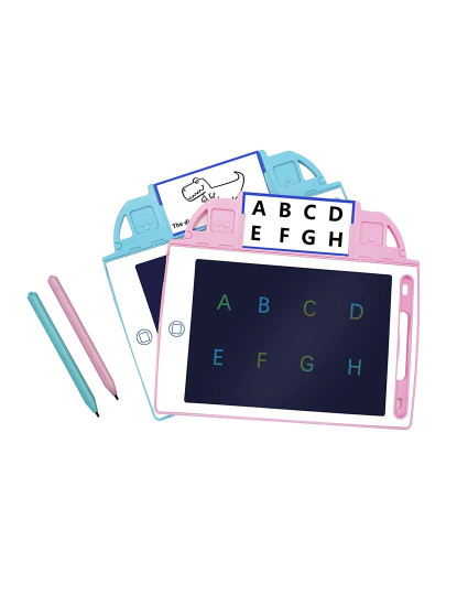 imagem de Mesa digitalizadora LCD de 8,4 polegadas para desenho e escrita, fundo multicolorido. Portátil, com trava de apagamento e bateria recarregável. Inclui cartões de aprendizagem para escrever e desenhar.2