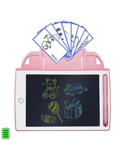 imagem de Mesa digitalizadora LCD de 8,4 polegadas para desenho e escrita, fundo multicolorido. Portátil, com trava de apagamento e bateria recarregável. Inclui cartões de aprendizagem para escrever e desenhar.1