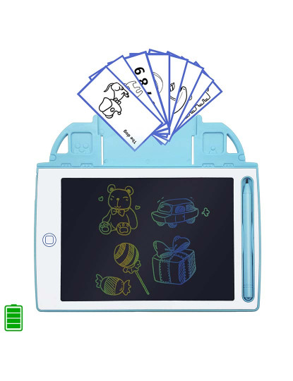 imagem de Mesa digitalizadora LCD de 8,4 polegadas para desenho e escrita, fundo multicolorido. Portátil, com trava de apagamento e bateria recarregável. Inclui cartões de aprendizagem para escrever e desenhar.1