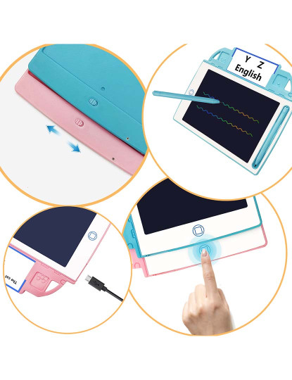 imagem de Mesa digitalizadora LCD de 8,4 polegadas para desenho e escrita, fundo multicolorido. Portátil, com trava de apagamento e bateria recarregável. Inclui cartões de aprendizagem para escrever e desenhar.5