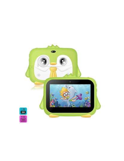 imagem de Tablet infantil K716 WiFi. Sistema operacional Android 7.0. Tela 7'' 1024x600px. MTK 8321 Quad Core 1,3 GHz, 1 GB de RAM + 8 GB. Câmara dupla.1