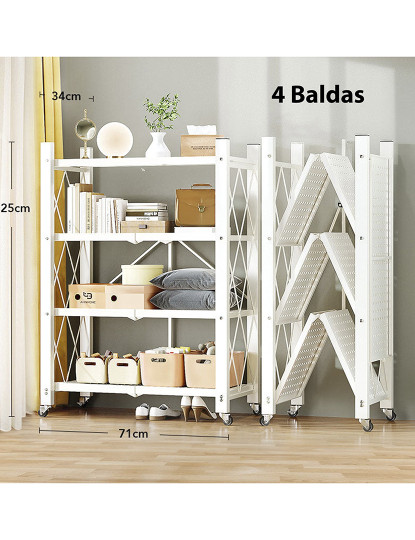 imagem de Prateleira de armazenamento dobrável com 4 prateleiras com rodas, sem montagem 71x34x125cm branca2