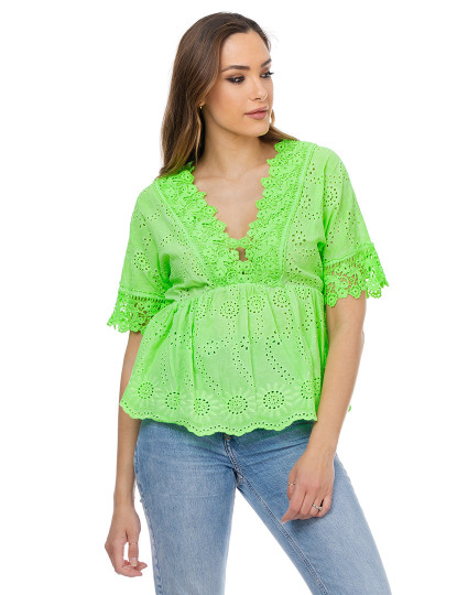 imagem de Blusa neon com decote em V com flores bordadas e cintura elástica Verde1