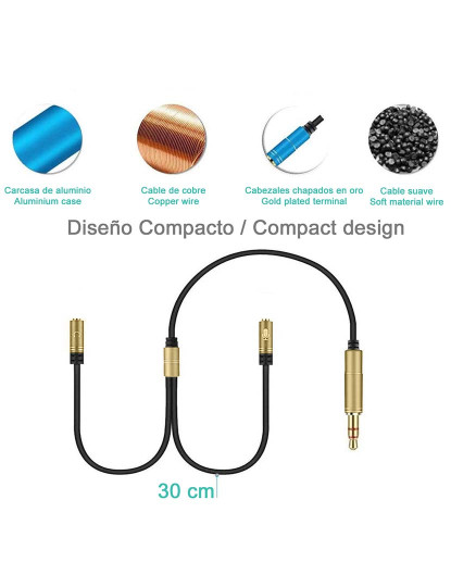 imagem de Conversor divisor de minijack fêmea duplo (microfone e alto-falante) para minijack macho Dourado 2