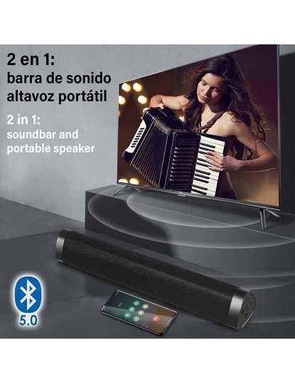 imagem de Altifalante da barra de som A500 Bluetooth 5.0, 2 altifalantes frontais. Entrada USB, cartão micro SD e jack 3.5. Radio FM.2