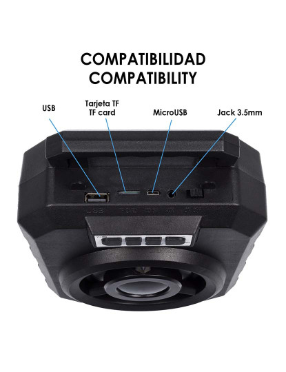 imagem de Caixa de som portátil Boombox YD-669 Bluetooth 4.2. Entrada USB, cartão micro SD e jack 3.5. Radio FM. Suporte para smartphone integrado.4