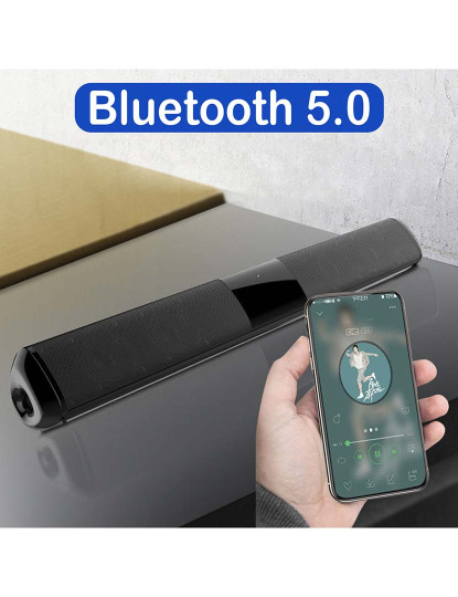imagem de Barra de som 2.0 T90 Bluetooth 5.0. Entrada RCA, auxiliar, Micro SD e rádio FM. Bateria interna de 1800mAh.4