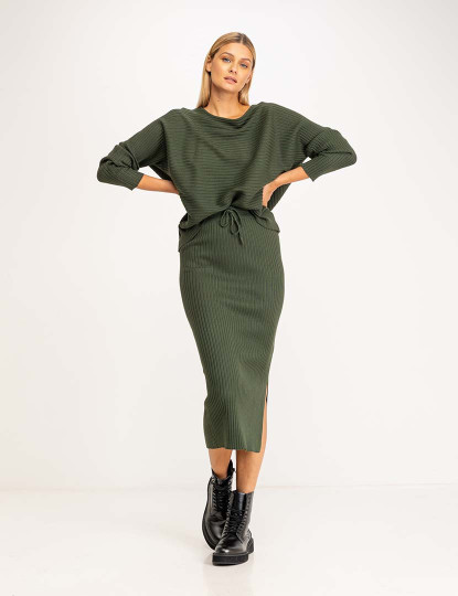 imagem de Conjunto de malha canelada com jersey oversize e saia midi justa Khaki3