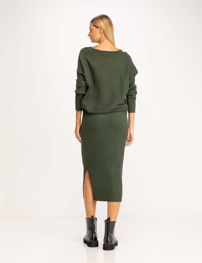 imagem de Conjunto de malha canelada com jersey oversize e saia midi justa Khaki2