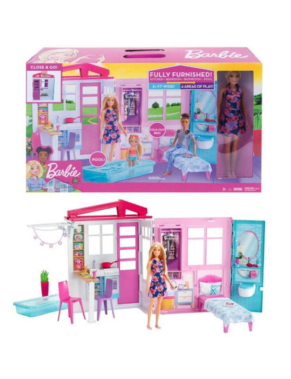 Barbie casa portátil com piscina, casa de bonecas