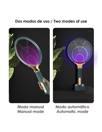 imagem de Raquete elétrica inteligente mata mosquitos. Bateria de lítio embutida. Luz de 360-400 NM. Eficaz contra moscas, mosquitos e traças.4