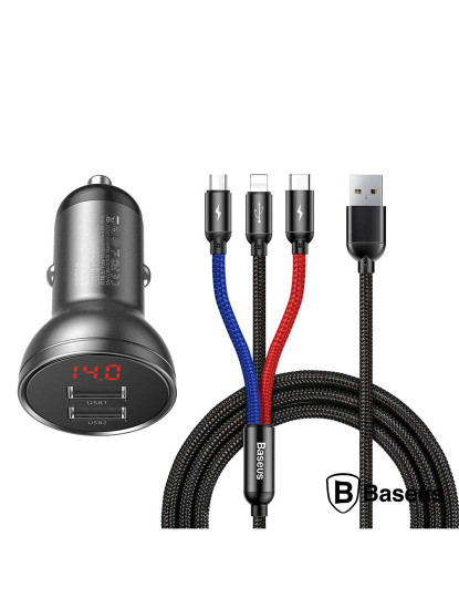 imagem de Adaptador Isqueiro 2 USB-A 5V 4.8A C/ Cabo 3em1 BASEUS      1