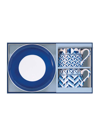 imagem de Conjunto 2 Xícaras E Pires De Porcelana 240 Ml Em Caixa Presente Geometric Blue2