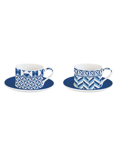 imagem de Conjunto 2 Xícaras E Pires De Porcelana 240 Ml Em Caixa Presente Geometric Blue1