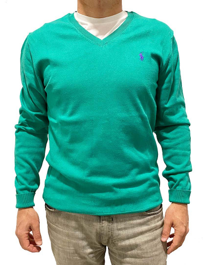 imagem de Pullover Decote em V Homem Verde Logotipo Azul1