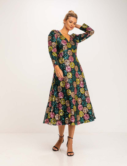 imagem de Vestido midi floral com lantejoulas e manga longa Multicor4