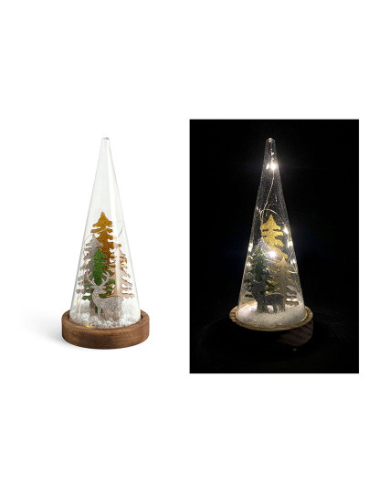 imagem de Cone de vidro de Natal com LEDs em base de madeira H22,5cm3