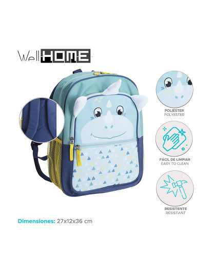 imagem de mochila infantil azul dino design 27x12x36cm2