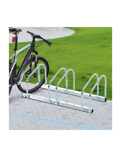 imagem de HOMCOM Estacionamento para 3 Bicicletas Suporte de Aço para Estacionar Bicicletas no Chão para Interior e Exterior 76x33x27cm Prata2