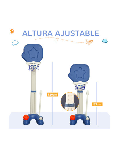 imagem de HOMCOM Tabela de Basquetebol 2 em 1 Jogo de Golf para Crianças acima de 2 Anos Aro com Altura Ajustável de 83-120cm Bolas e Taco de Golf 46x41x116-153cm Azul e Branco5