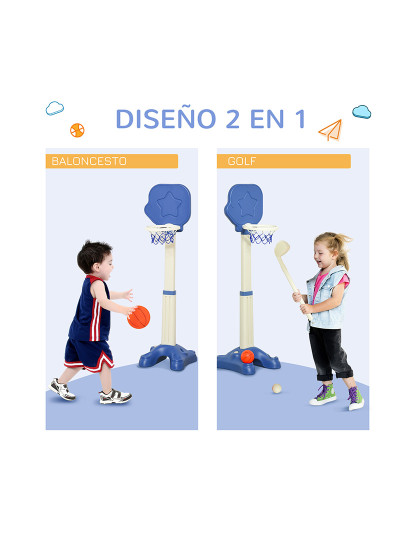 imagem de HOMCOM Tabela de Basquetebol 2 em 1 Jogo de Golf para Crianças acima de 2 Anos Aro com Altura Ajustável de 83-120cm Bolas e Taco de Golf 46x41x116-153cm Azul e Branco4