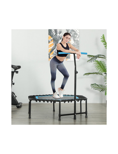 imagem de SPORTNOW Trampolim Fitness 114x114x132 cm Trampolim Fitness com Guiador Ajustável em 3 Níveis Estrutura de Aço para Treino de Perna Corpo em Casa Escritório Ginásio Azul2