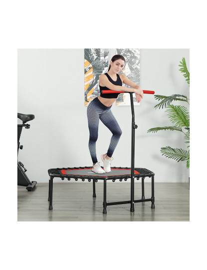 imagem de SPORTNOW Trampolim Fitness 114x114x132 cm Trampolim Fitness com Guiador Ajustável em 3 Níveis Estrutura de Aço para Treino de Perna Corpo em Casa Escritório Ginásio Vermelho2