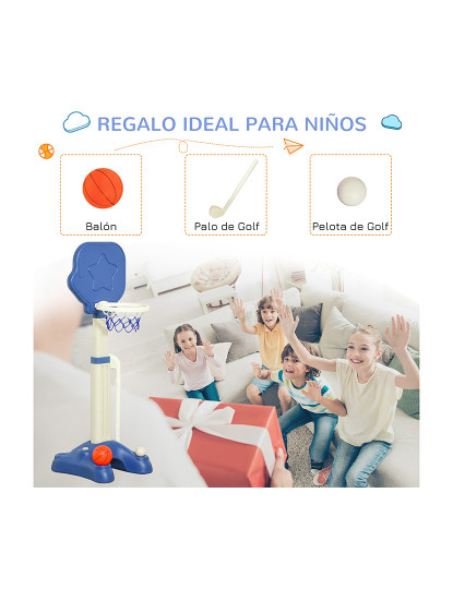 imagem de HOMCOM Tabela de Basquetebol 2 em 1 Jogo de Golf para Crianças acima de 2 Anos Aro com Altura Ajustável de 83-120cm Bolas e Taco de Golf 46x41x116-153cm Azul e Branco7