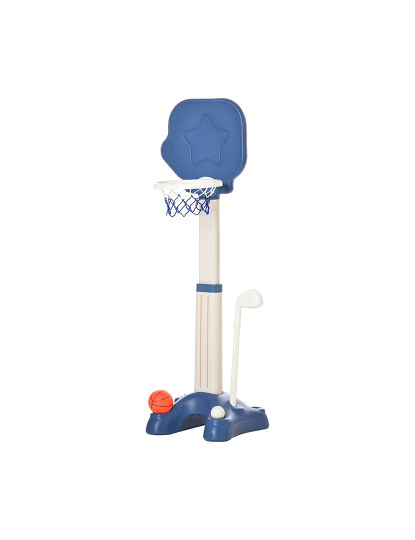 imagem de HOMCOM Tabela de Basquetebol 2 em 1 Jogo de Golf para Crianças acima de 2 Anos Aro com Altura Ajustável de 83-120cm Bolas e Taco de Golf 46x41x116-153cm Azul e Branco1