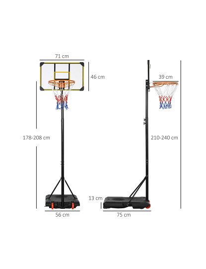 imagem de SPORTNOEW Tabela de Basquetebol com Altura Ajustável 178-208 cm Rodas Cesta de Basquetebol para Crianças acima de 6 Anos com Base Recarregável para Exterior 75x56x210-240 cm Amarelo e Preto3