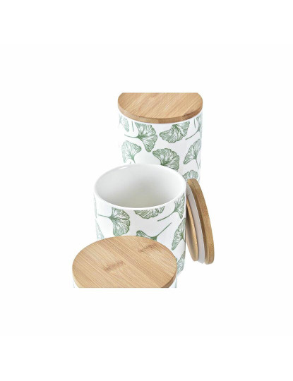 imagem de Conjunto de 3 Potes DKD Home Decor Natural Branco Verde Bambu Grés Tropical 10 x 10 x 17 cm4