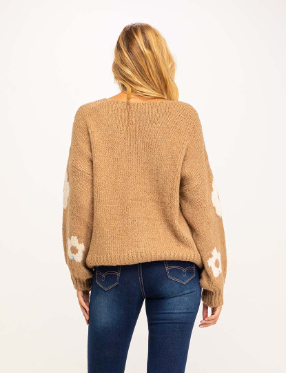 imagem de Camisola oversize em malha grossa com decote em V e flores Camel2