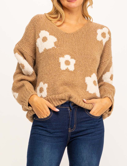 imagem de Camisola oversize em malha grossa com decote em V e flores Camel3