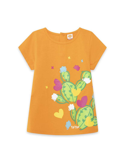 imagem de T-shirt em malha laranja e desenho frontal de cacto Funcactus1